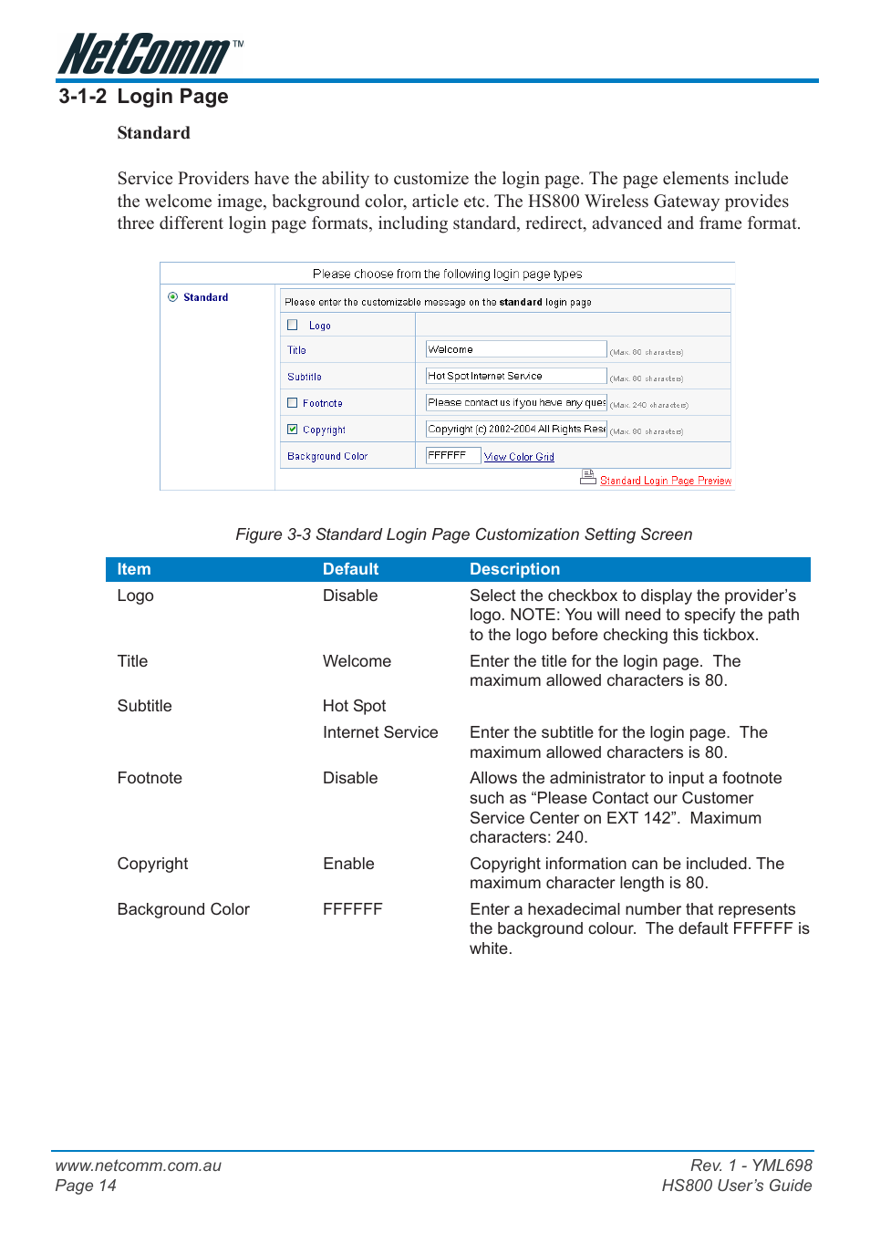 Redirect, Advanced, 1-2 login page | NetComm HS800 User Manual | Page 14 / 68