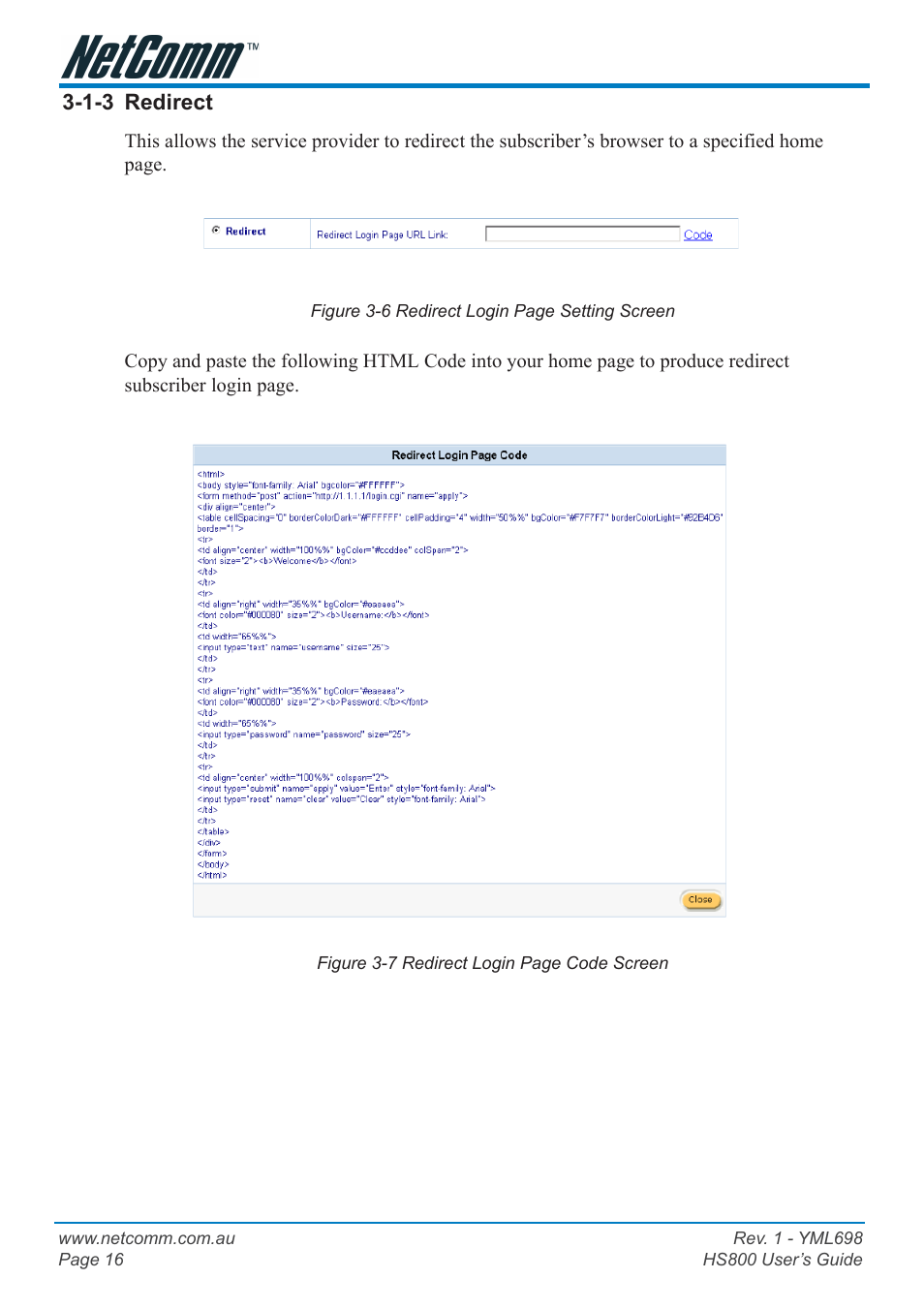 1-3 redirect | NetComm HS800 User Manual | Page 16 / 68