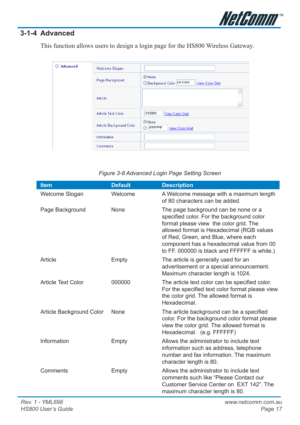 1-4 advanced, Frame, Information window | NetComm HS800 User Manual | Page 17 / 68