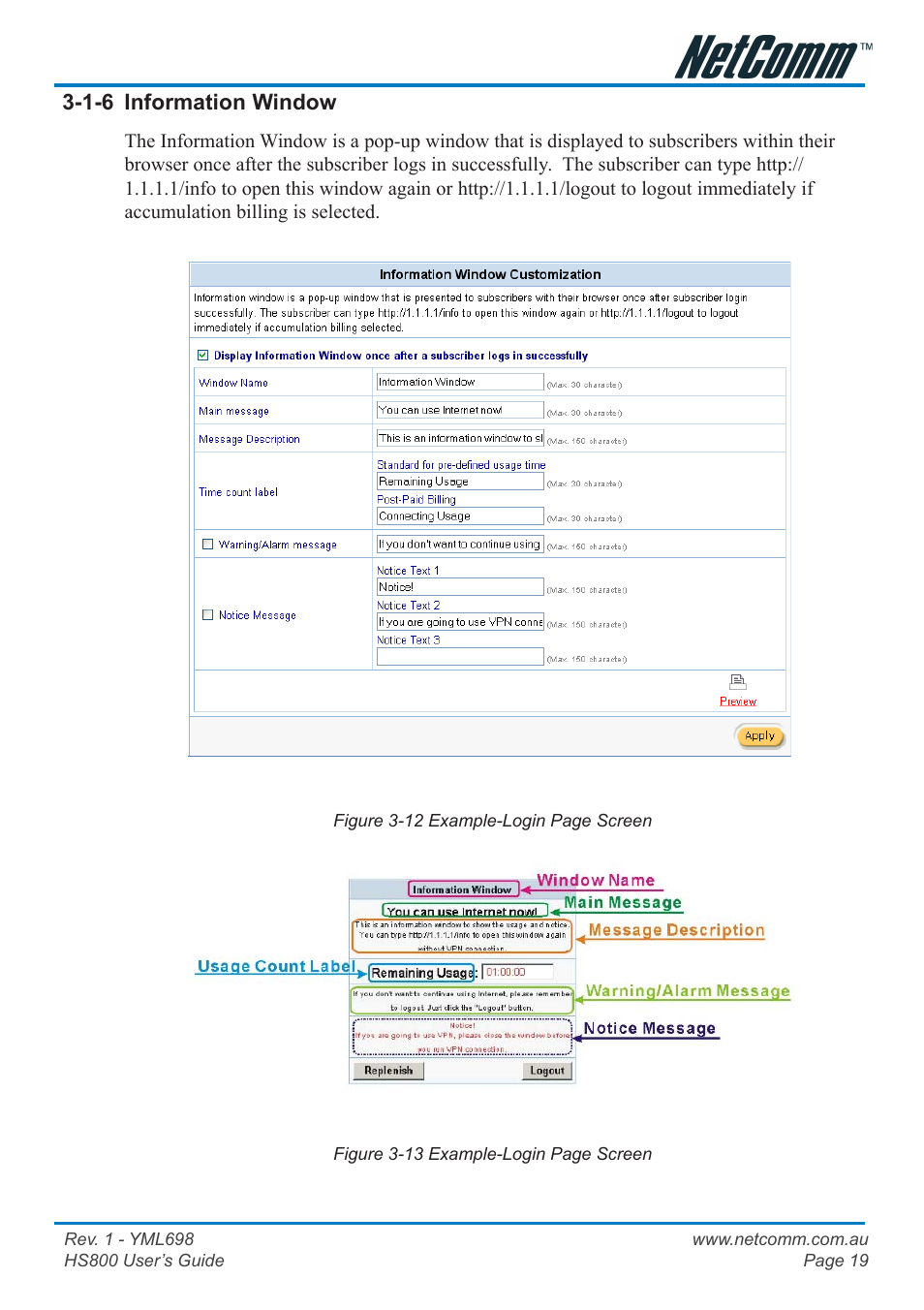 1-6 information window, Account printout | NetComm HS800 User Manual | Page 19 / 68