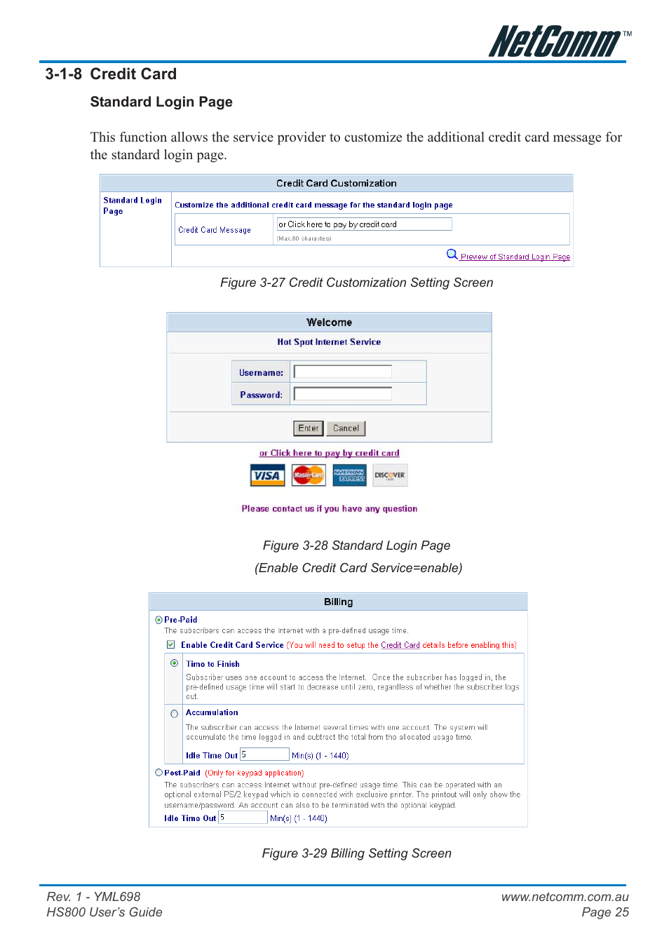 1-8 credit card, Billing | NetComm HS800 User Manual | Page 25 / 68