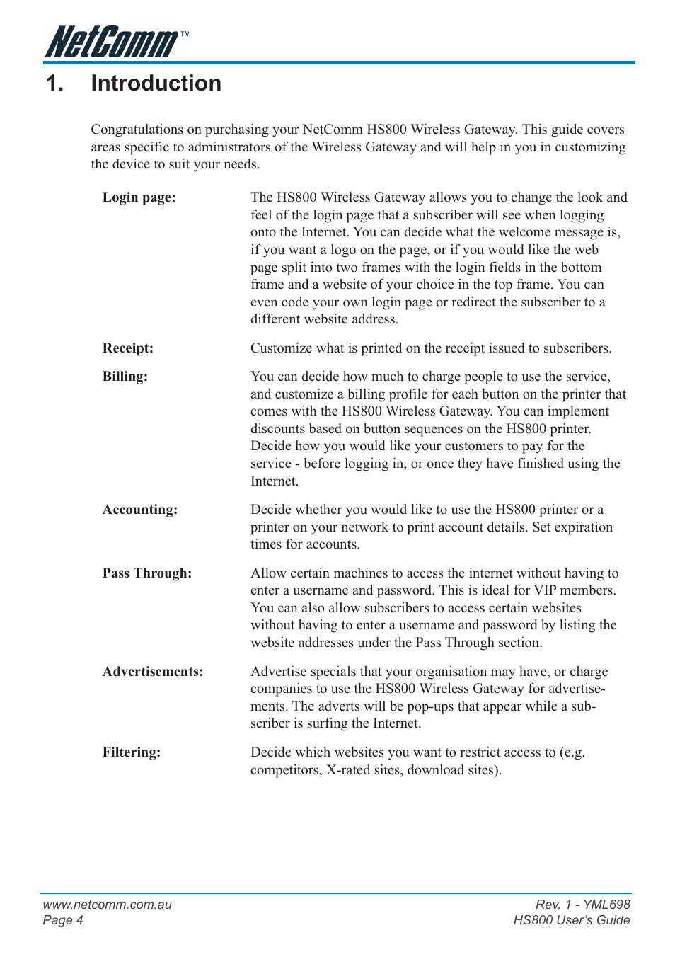 Introduction, Package contents, Features | NetComm HS800 User Manual | Page 4 / 68