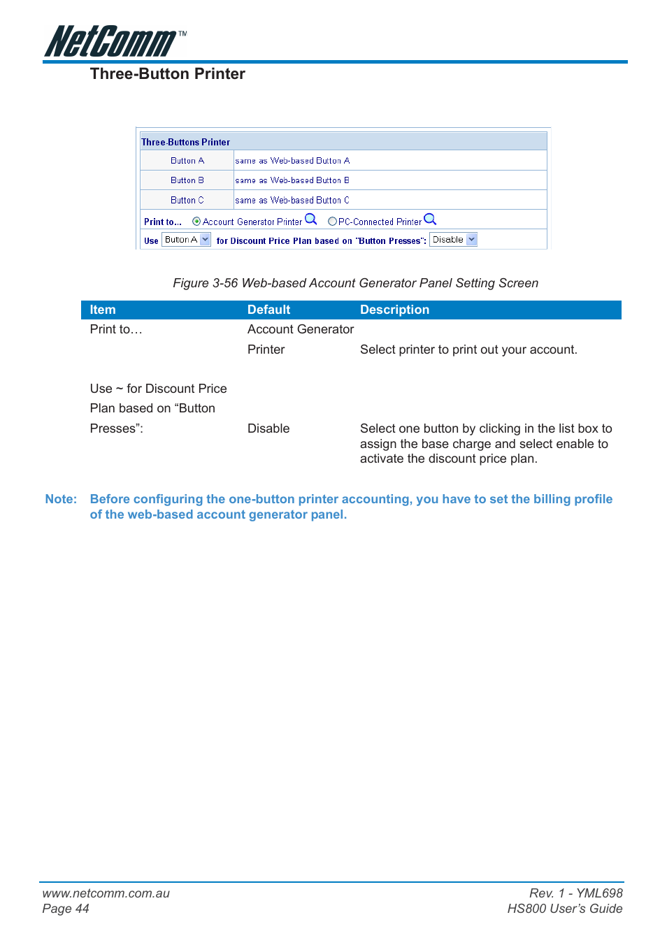 Pass through, Three-button printer | NetComm HS800 User Manual | Page 44 / 68