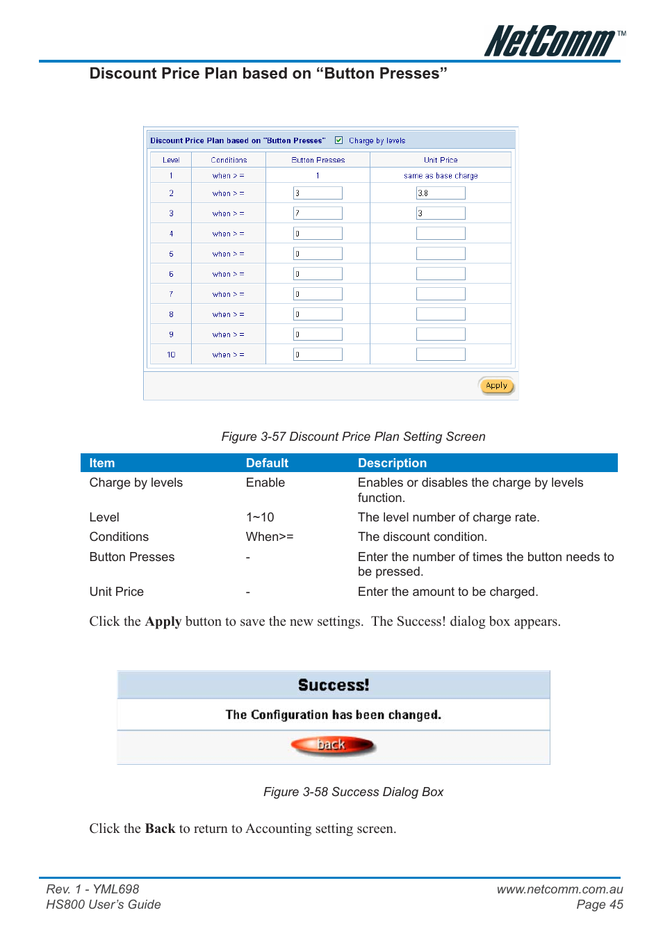 Discount price plan based on “button presses | NetComm HS800 User Manual | Page 45 / 68