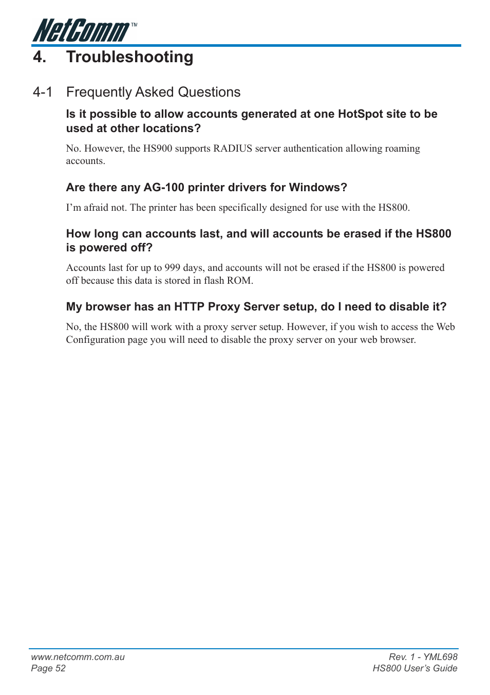 Troubleshooting, 1 frequently asked questions, Hs800 wireless gateway – remote administration | NetComm HS800 User Manual | Page 52 / 68