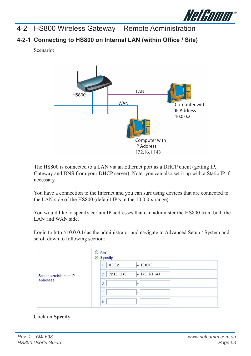 2 hs800 wireless gateway - remote administration, 2 hs800 wireless gateway – remote administration | NetComm HS800 User Manual | Page 53 / 68