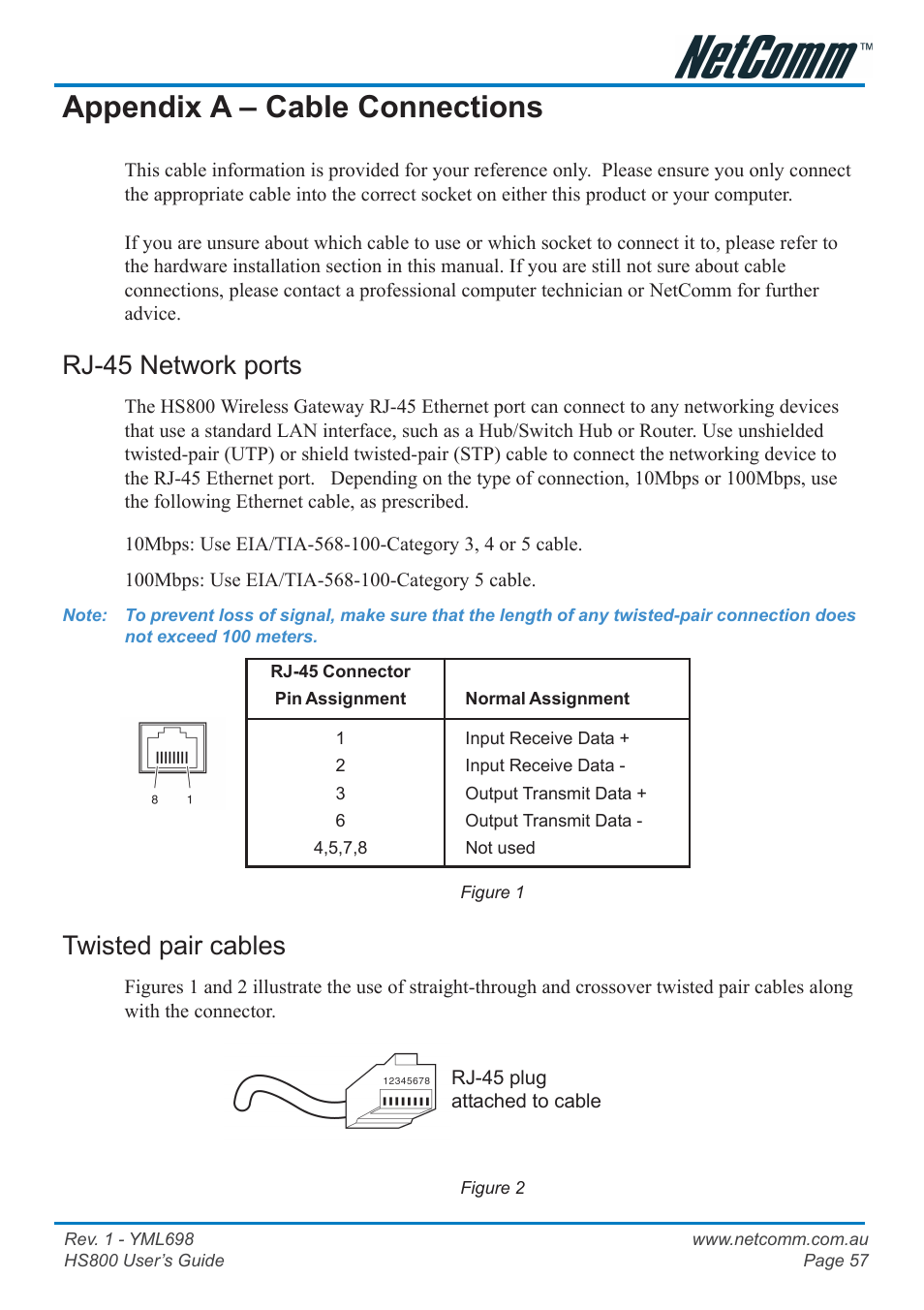 Appendix a - cable connections, Rj-45 network ports, Twisted pair cables | Straight and crossover cable configuration, Rj11 connector and cable, 605 to rj-11 adapter, Usb cable, Appendix a – cable connections | NetComm HS800 User Manual | Page 57 / 68