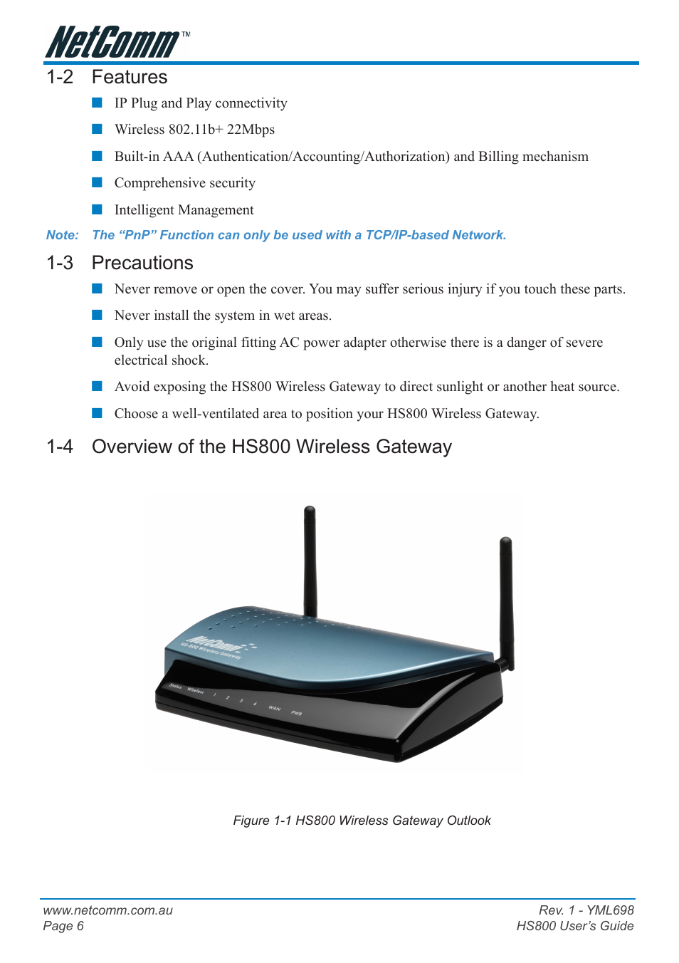 2 features, 3 precautions, 4 overview of the hs800 wireless gateway | NetComm HS800 User Manual | Page 6 / 68