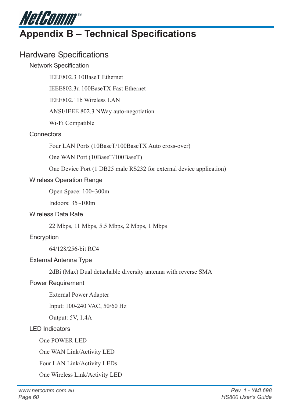 Appendix b - technical specifications, Hardware specifications, Software specifications | Appendix b – technical specifications | NetComm HS800 User Manual | Page 60 / 68