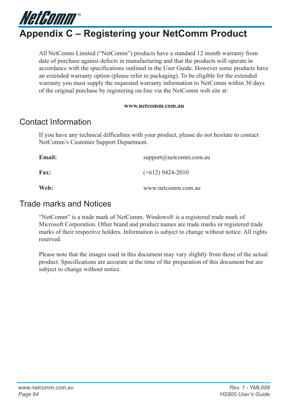 Appendix c - registering your netcomm product, Contact information, Trade marks and notices | Appendix c – registering your netcomm product | NetComm HS800 User Manual | Page 64 / 68