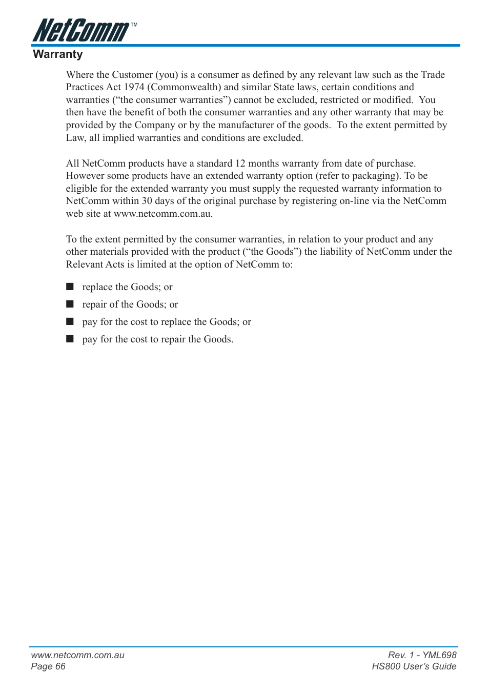 Customer information, Conditions and exclusions | NetComm HS800 User Manual | Page 66 / 68