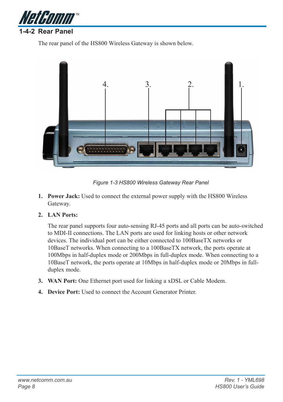 4-2 rear panel, Left side panel, Three button printer | Changing the paper, Test print | NetComm HS800 User Manual | Page 8 / 68