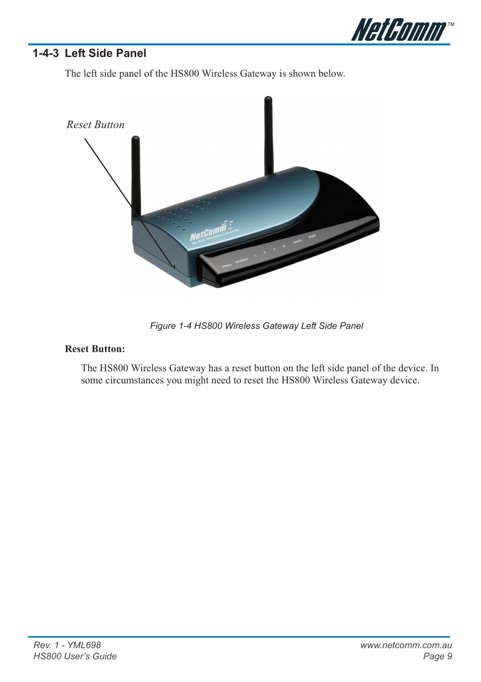 4-3 left side panel, Logging in to the hs800 | NetComm HS800 User Manual | Page 9 / 68