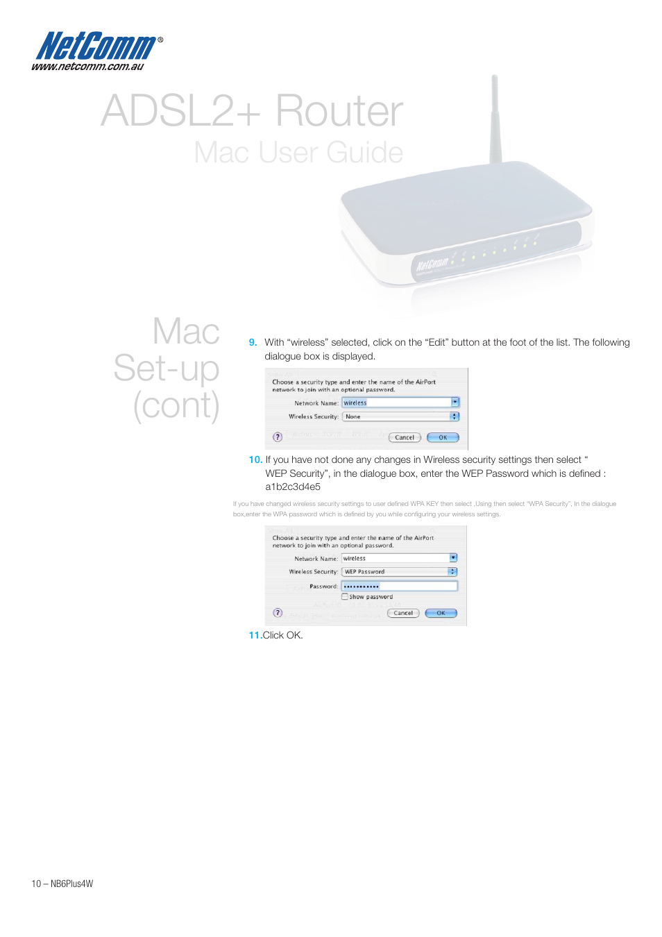 Adsl2+ router, Mac set-up (cont), Mac user guide | NetComm NB6PLUS4W User Manual | Page 10 / 13