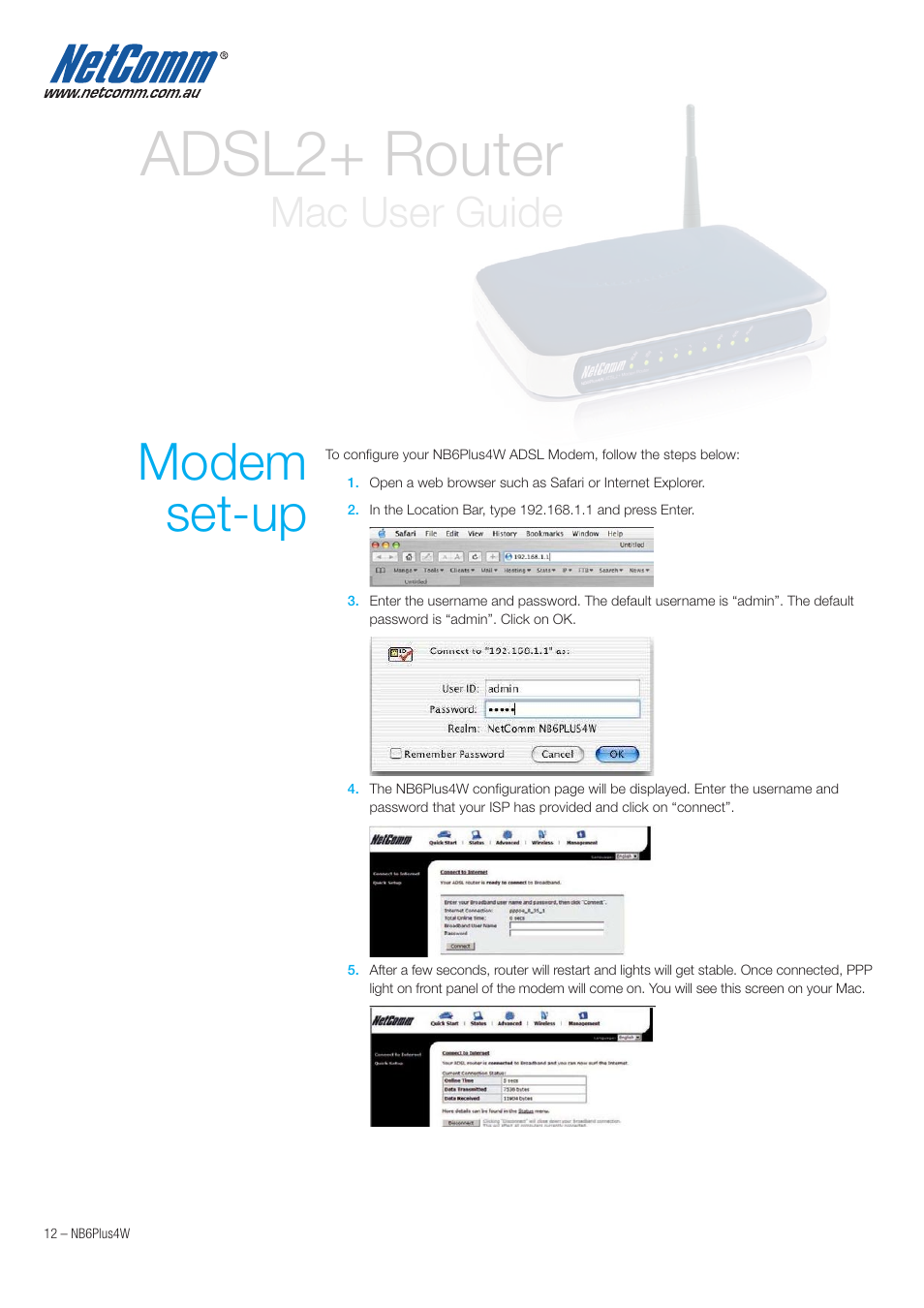 Adsl2+ router, Modem set-up, Mac user guide | NetComm NB6PLUS4W User Manual | Page 12 / 13