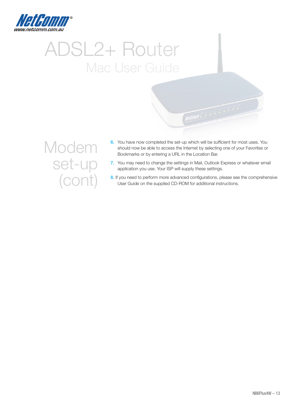 Adsl2+ router, Modem set-up (cont), Mac user guide | NetComm NB6PLUS4W User Manual | Page 13 / 13