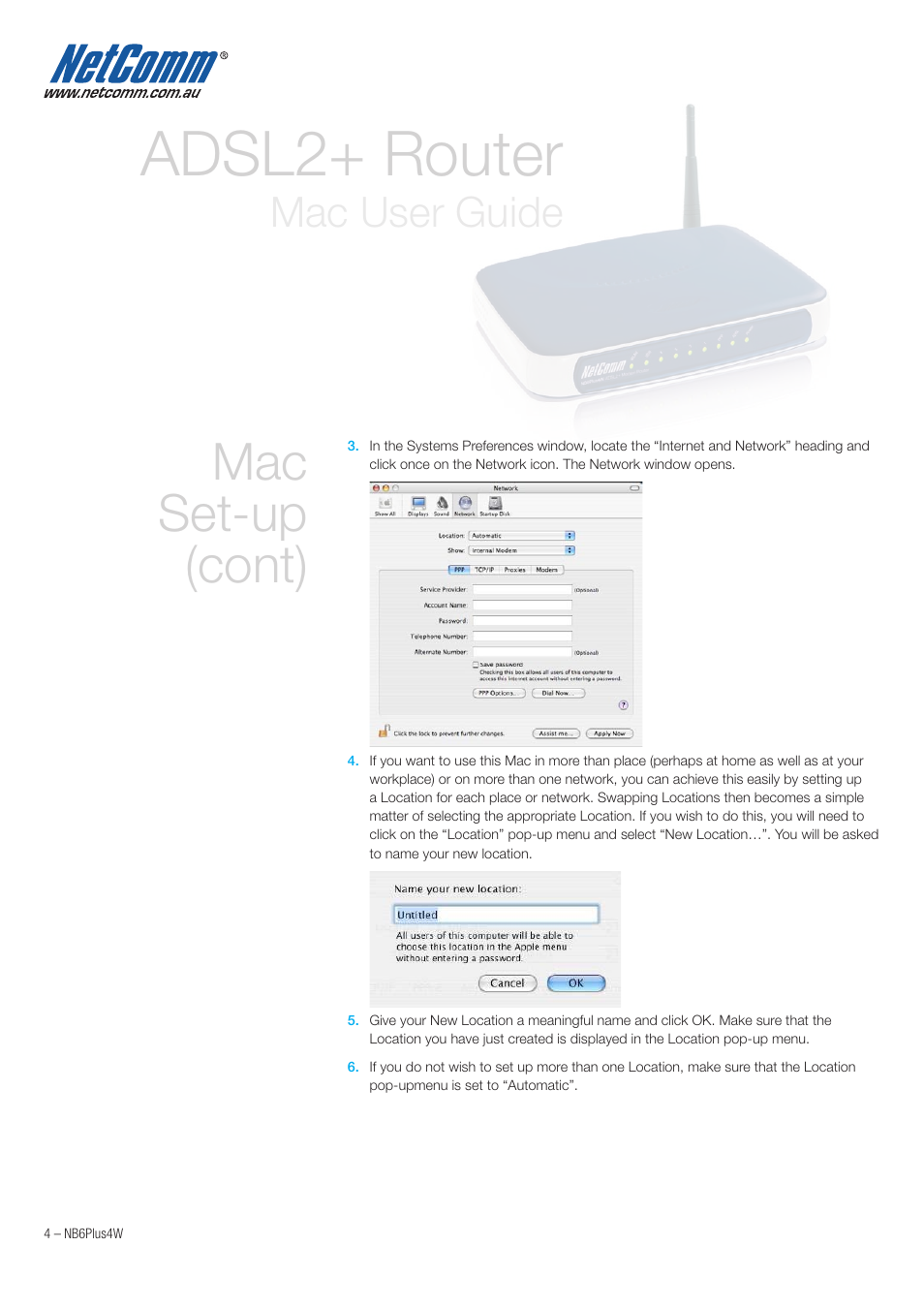 Adsl2+ router, Mac set-up (cont), Mac user guide | NetComm NB6PLUS4W User Manual | Page 4 / 13
