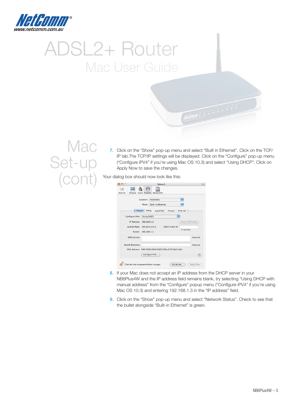 Adsl2+ router, Mac set-up (cont), Mac user guide | NetComm NB6PLUS4W User Manual | Page 5 / 13