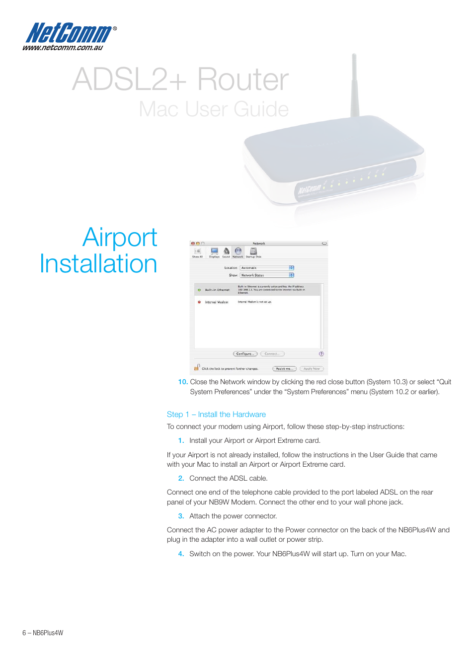 Adsl2+ router, Airport installation, Mac user guide | NetComm NB6PLUS4W User Manual | Page 6 / 13