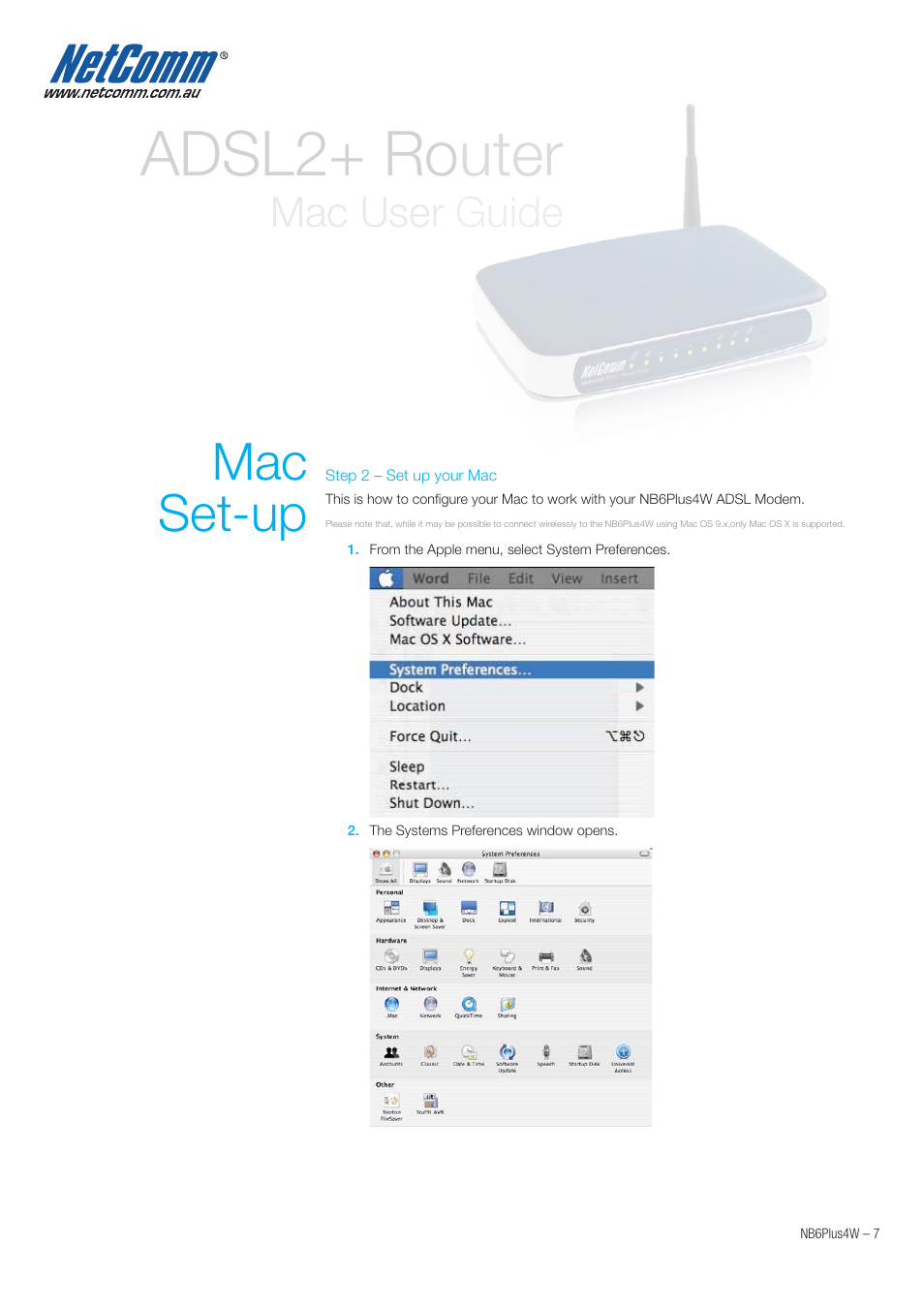 Adsl2+ router, Mac set-up, Mac user guide | NetComm NB6PLUS4W User Manual | Page 7 / 13