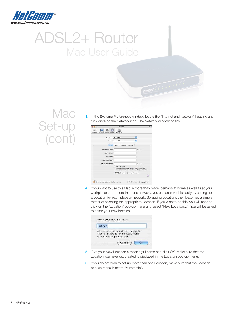 Adsl2+ router, Mac set-up (cont), Mac user guide | NetComm NB6PLUS4W User Manual | Page 8 / 13