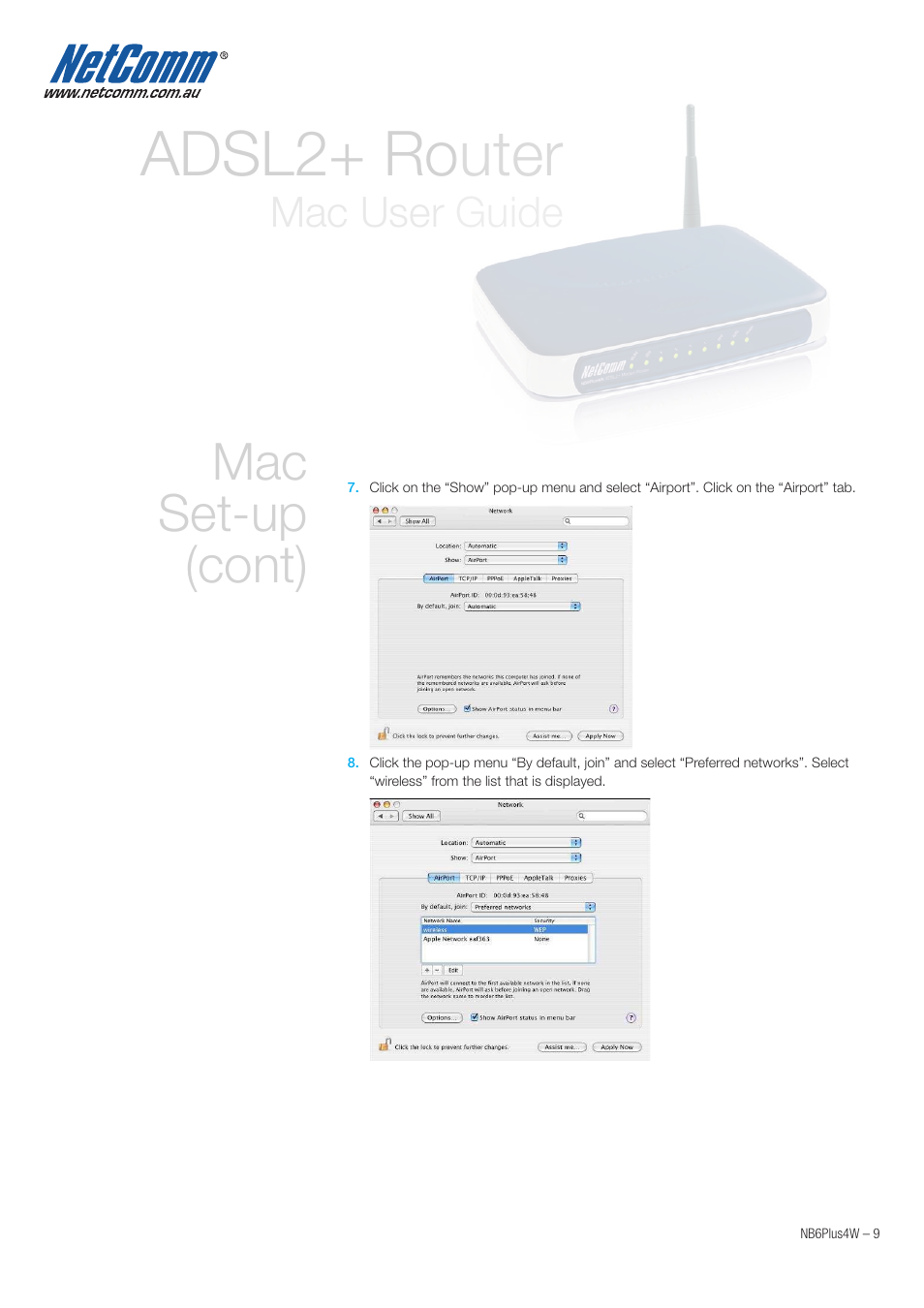 Adsl2+ router, Mac set-up (cont), Mac user guide | NetComm NB6PLUS4W User Manual | Page 9 / 13