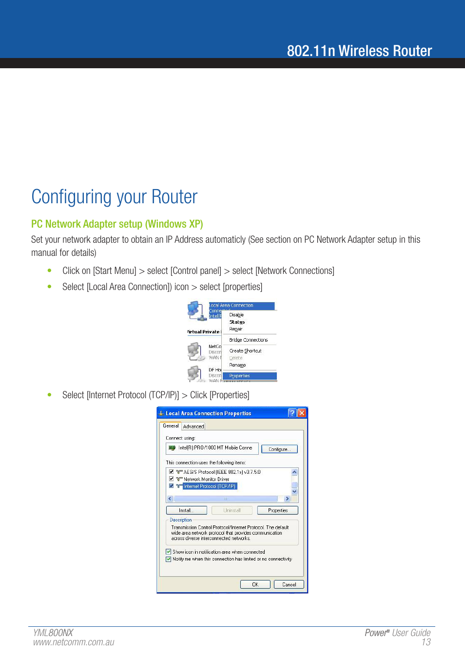 Configuring your router, 11n wireless router, Pc network adapter setup (windows xp) | NetComm 802.11 User Manual | Page 13 / 78