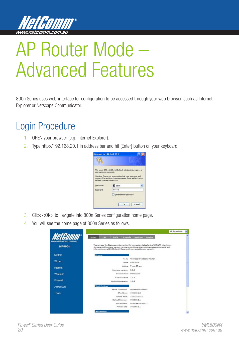 Ap router mode – advanced features, Login procedure | NetComm 802.11 User Manual | Page 20 / 78