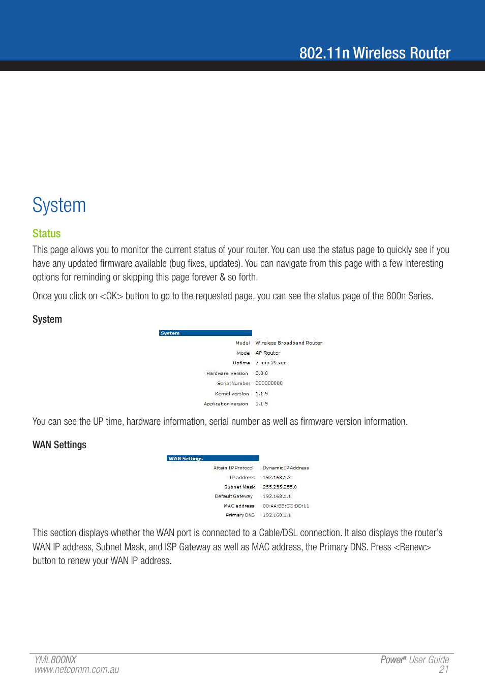 System, 11n wireless router | NetComm 802.11 User Manual | Page 21 / 78