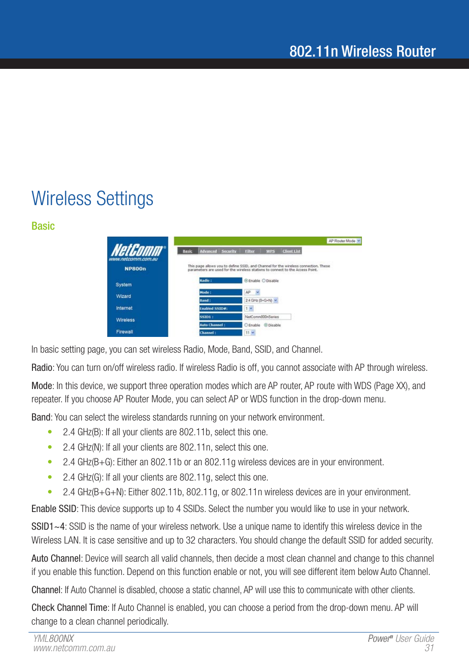 Wireless settings, 11n wireless router | NetComm 802.11 User Manual | Page 31 / 78