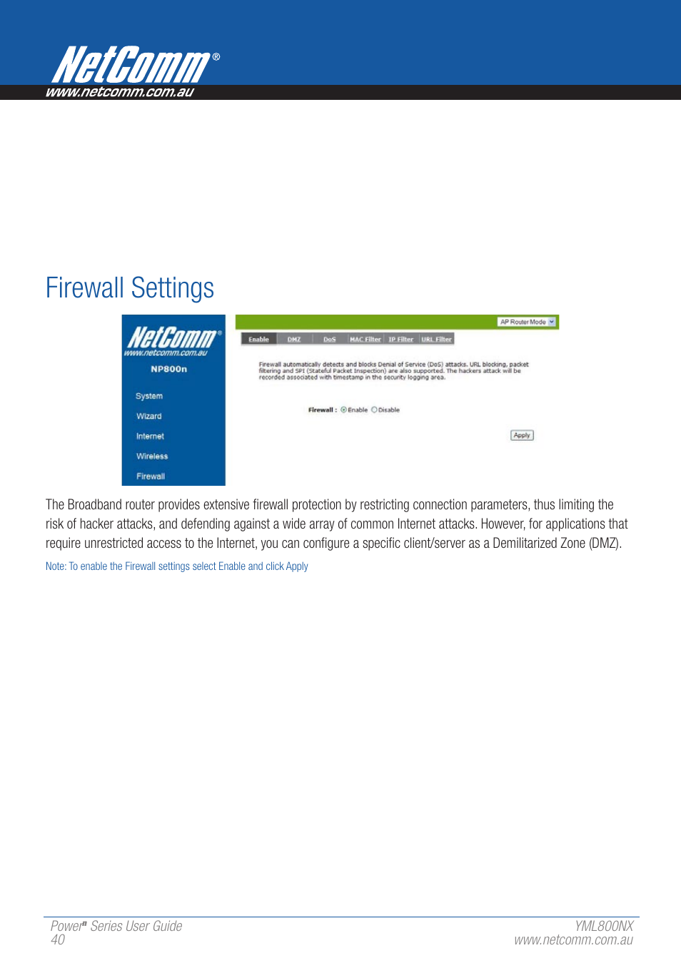 Firewall settings | NetComm 802.11 User Manual | Page 40 / 78