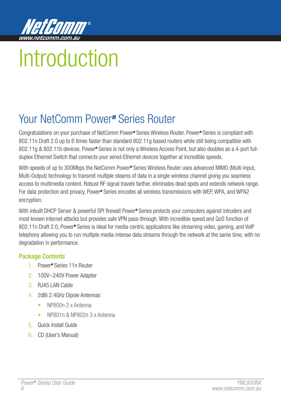 Introduction, Your netcomm power, Series router | NetComm 802.11 User Manual | Page 6 / 78