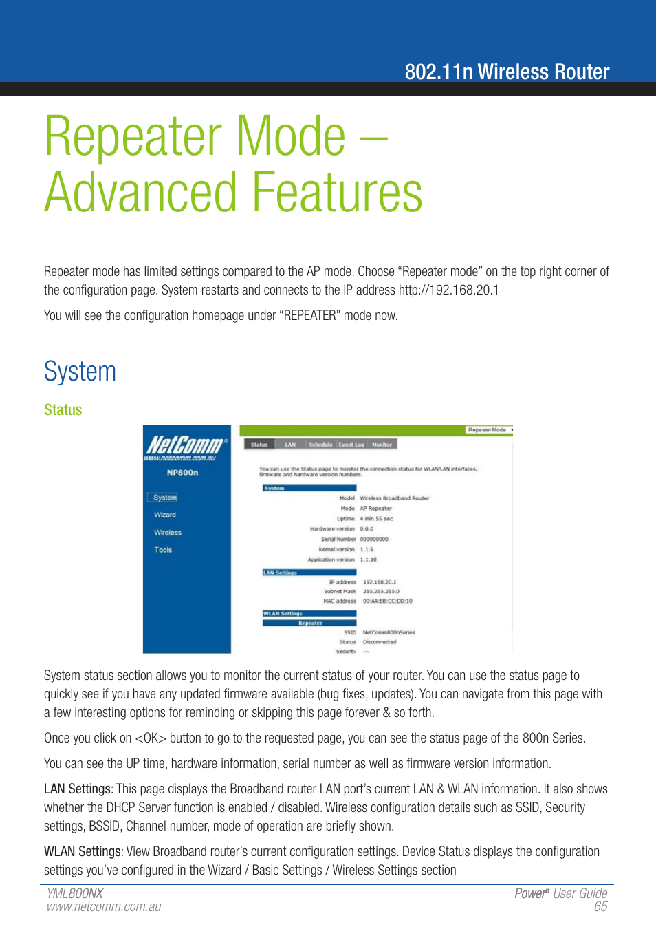 Repeater mode – advanced features, System, 11n wireless router | NetComm 802.11 User Manual | Page 65 / 78