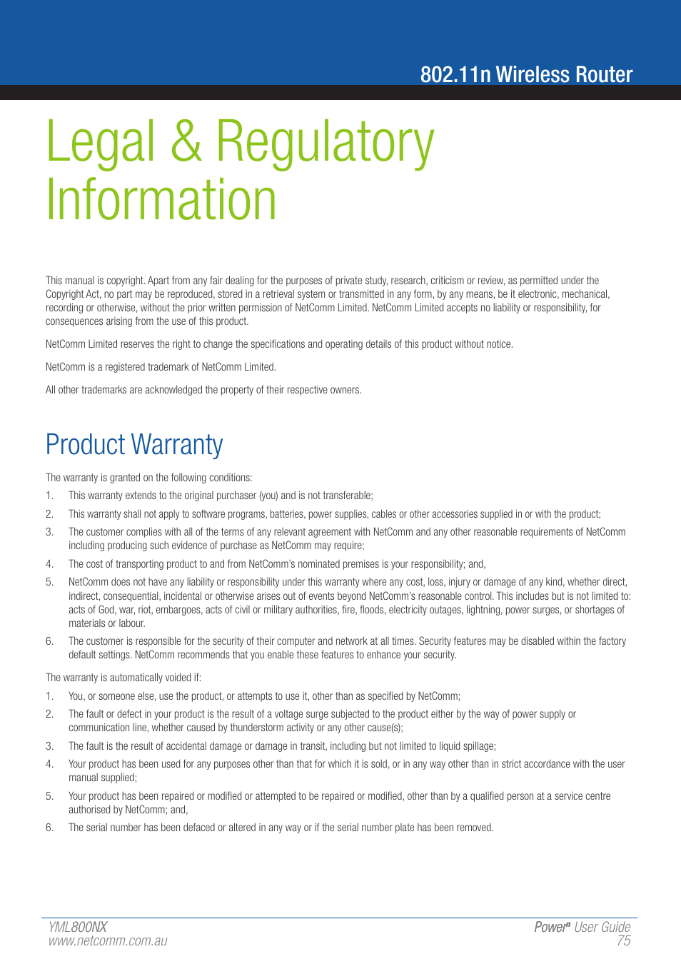 Legal & regulatory information, Product warranty, 11n wireless router | NetComm 802.11 User Manual | Page 75 / 78