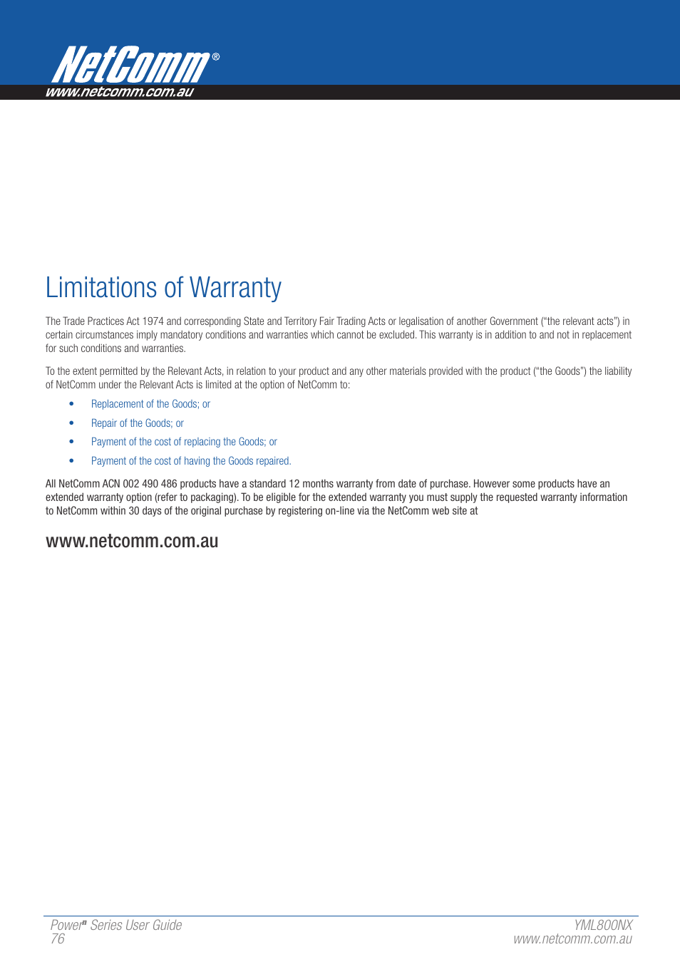 Limitations of warranty | NetComm 802.11 User Manual | Page 76 / 78