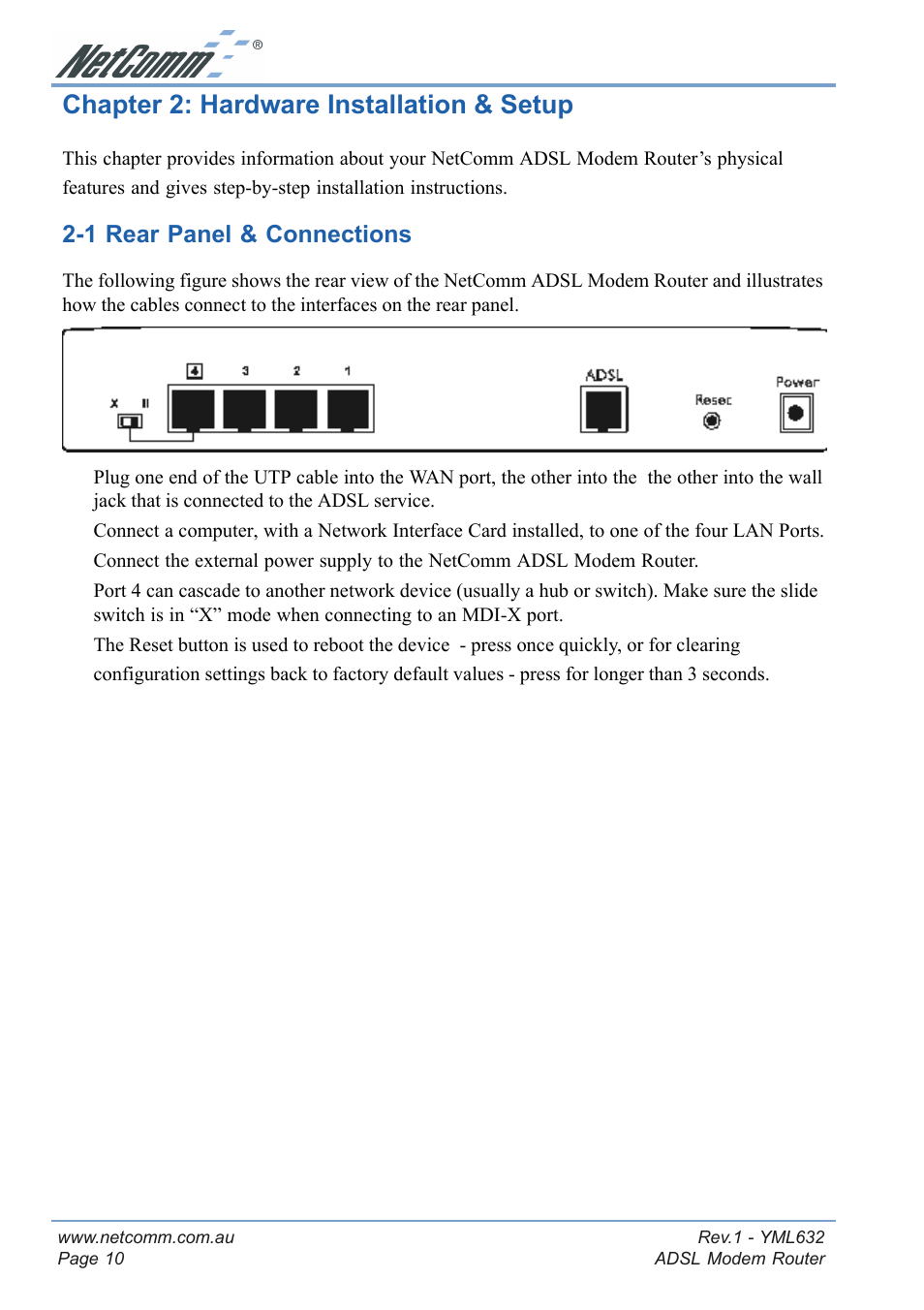 Chapter 2: hardware installation & setup, 1 rear panel & connections | NetComm NB3300 User Manual | Page 10 / 48