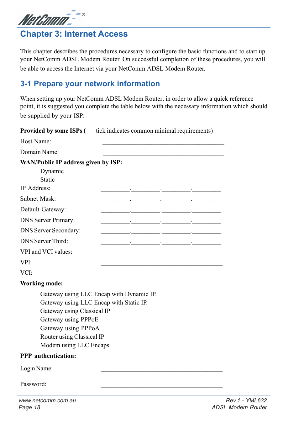 Chapter 3: internet access, 1 prepare your network information | NetComm NB3300 User Manual | Page 18 / 48