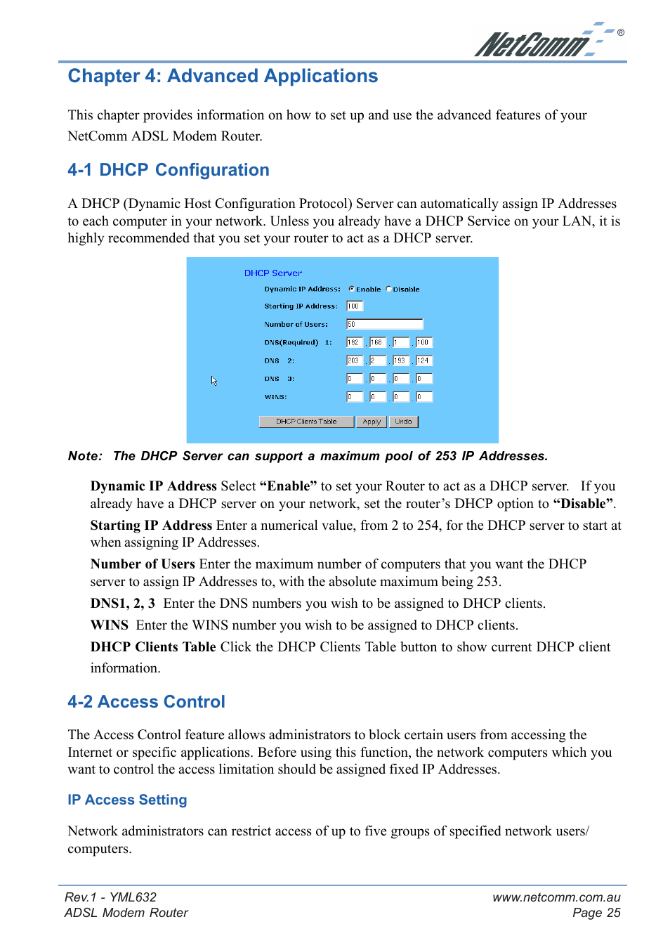 Chapter 4: advanced applications, 1 dhcp configuration, 2 access control | 1 dhcp configuration 4-2 access control | NetComm NB3300 User Manual | Page 25 / 48