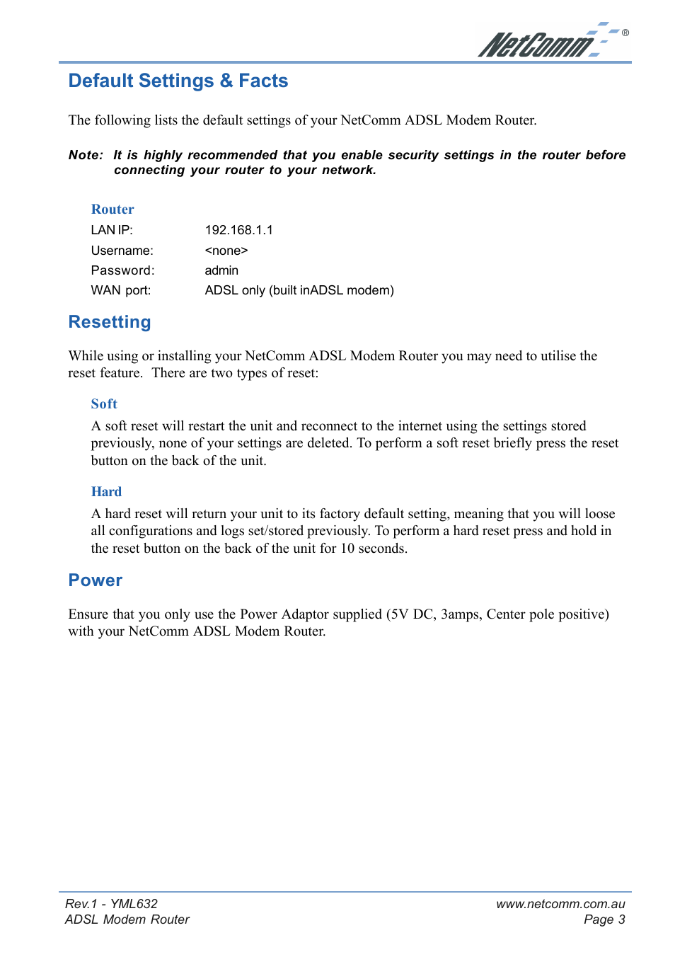 Default settings & facts, Resetting, Power | Resetting power | NetComm NB3300 User Manual | Page 3 / 48