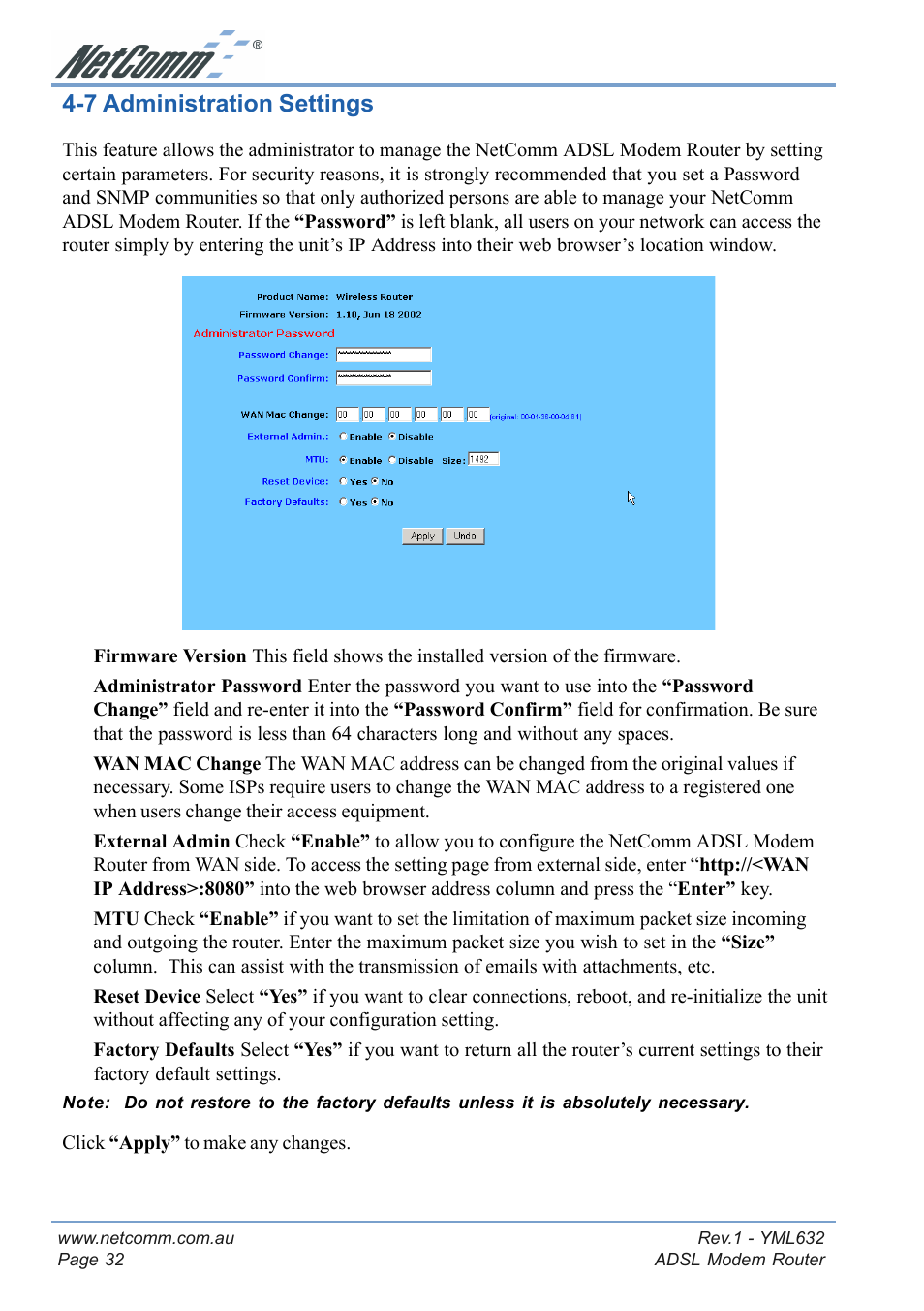 7 administration settings | NetComm NB3300 User Manual | Page 32 / 48