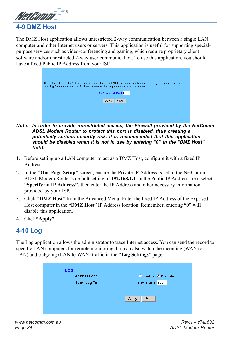 9 dmz host, 10 log, 9 dmz host 4-10 log | NetComm NB3300 User Manual | Page 34 / 48