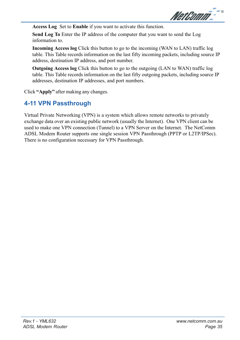 11 vpn passthrough | NetComm NB3300 User Manual | Page 35 / 48