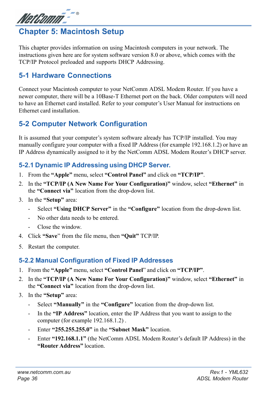 Chapter 5: macintosh setup, 1 hardware connections, 2 computer network configuration | NetComm NB3300 User Manual | Page 36 / 48