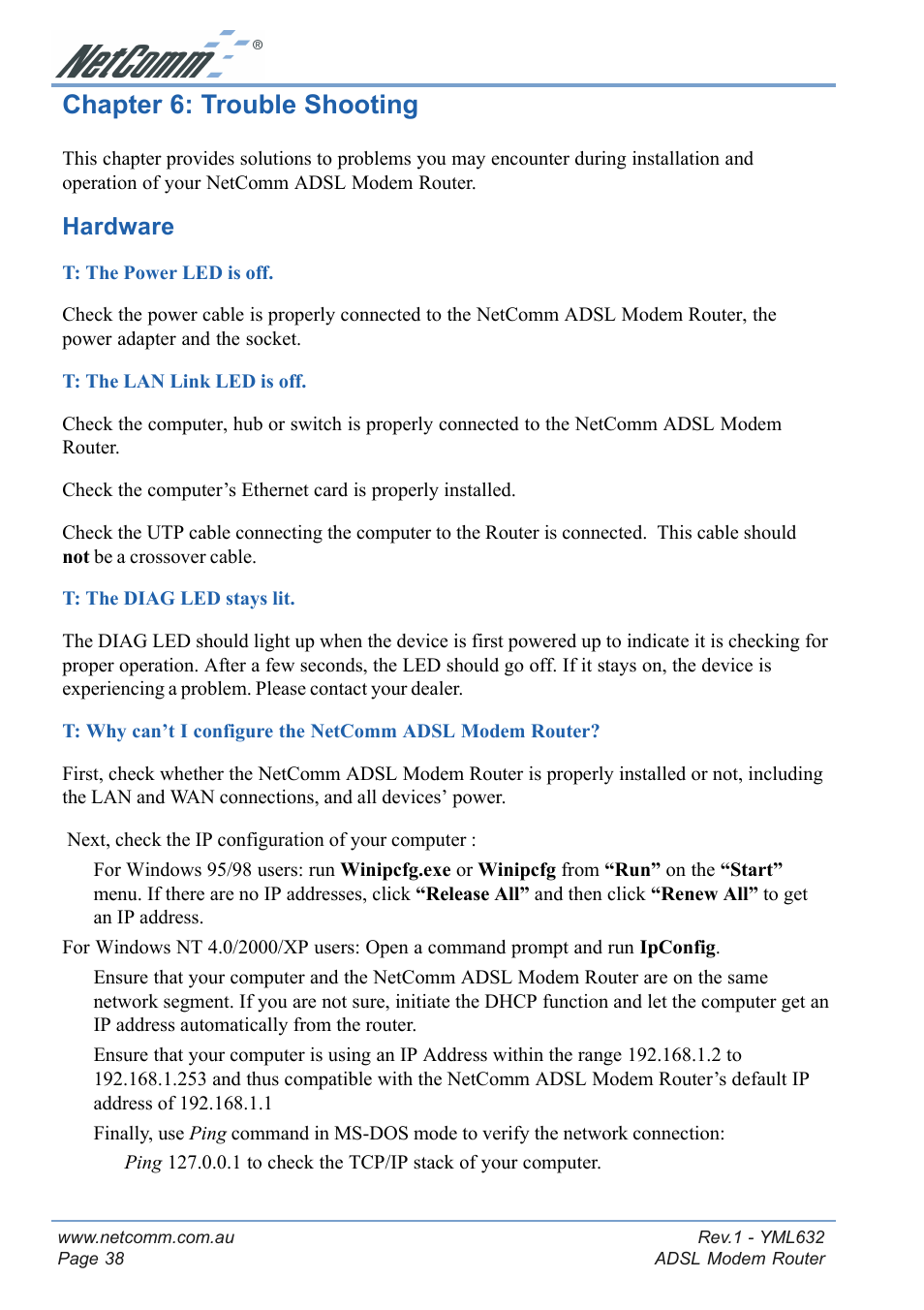 Chapter 6: trouble shooting, Hardware | NetComm NB3300 User Manual | Page 38 / 48