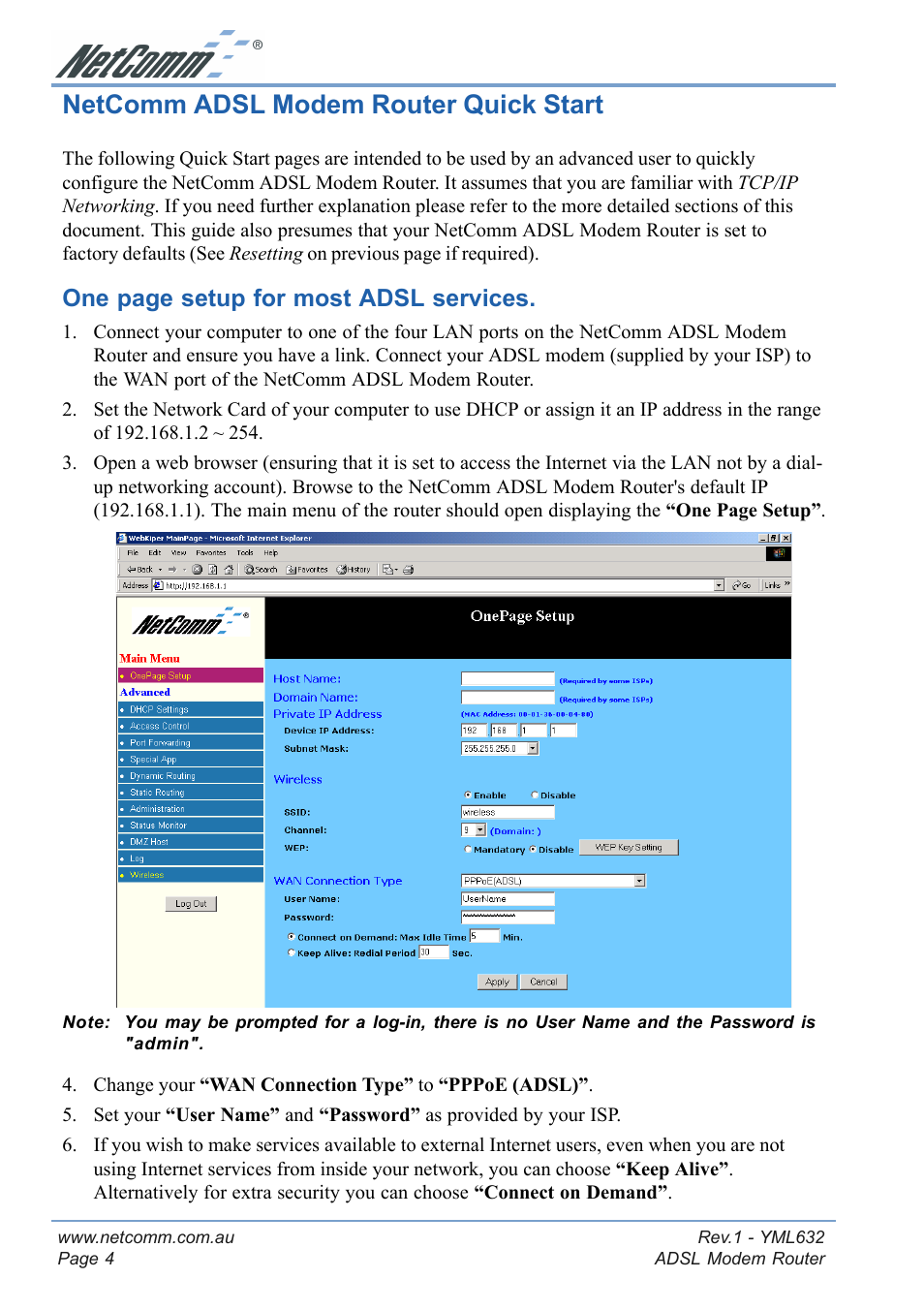 Netcomm adsl modem router quick start, One page setup for most adsl services | NetComm NB3300 User Manual | Page 4 / 48