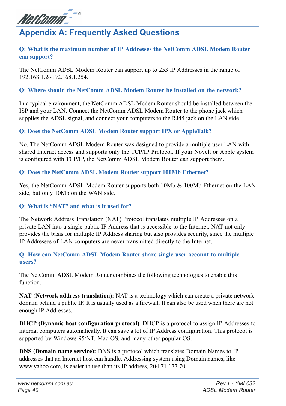 Appendix a: frequently asked questions | NetComm NB3300 User Manual | Page 40 / 48