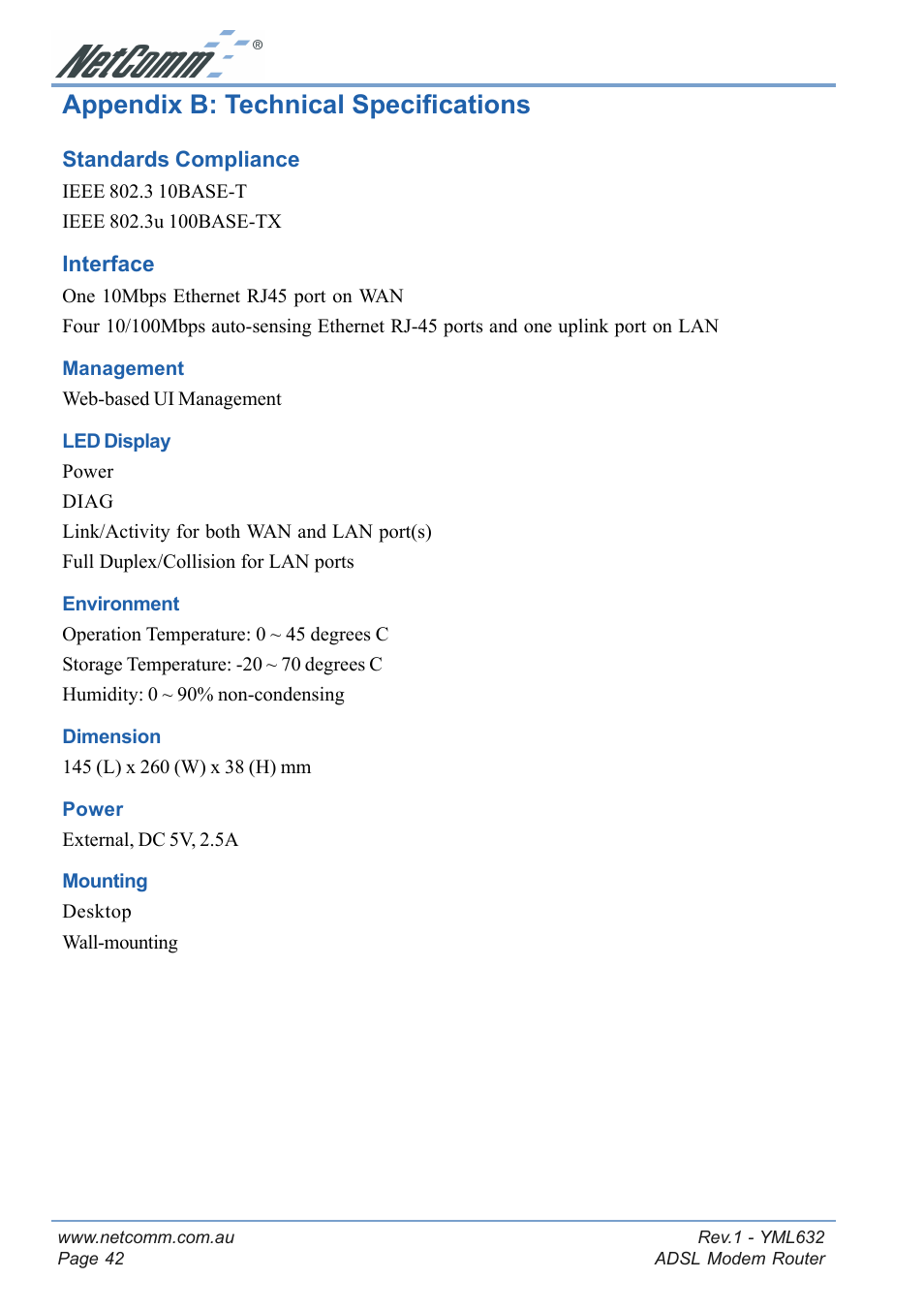 Appendix b: technical specifications | NetComm NB3300 User Manual | Page 42 / 48