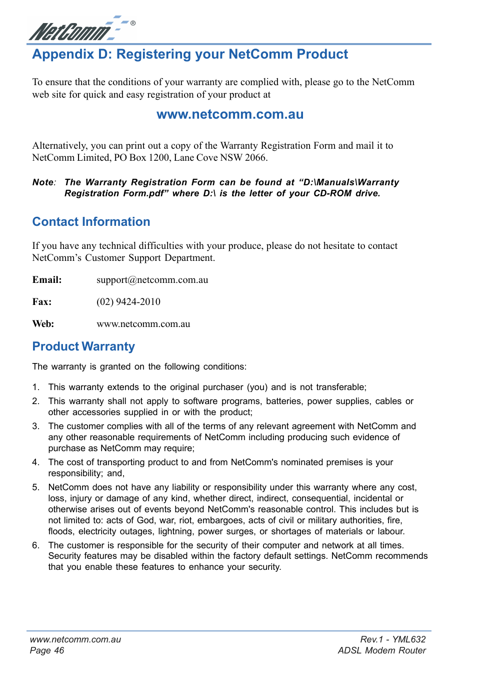 Appendix d: registering your netcomm product, Contact information, Product warranty | Contact information product warranty | NetComm NB3300 User Manual | Page 46 / 48