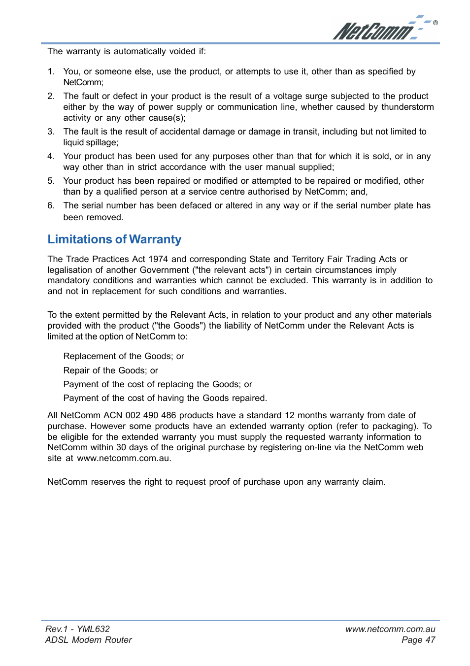 Limitations of warranty | NetComm NB3300 User Manual | Page 47 / 48