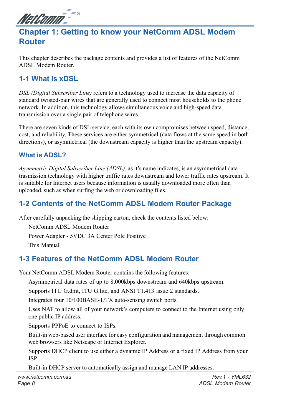 1 what is xdsl, 3 features of the netcomm adsl modem router | NetComm NB3300 User Manual | Page 8 / 48